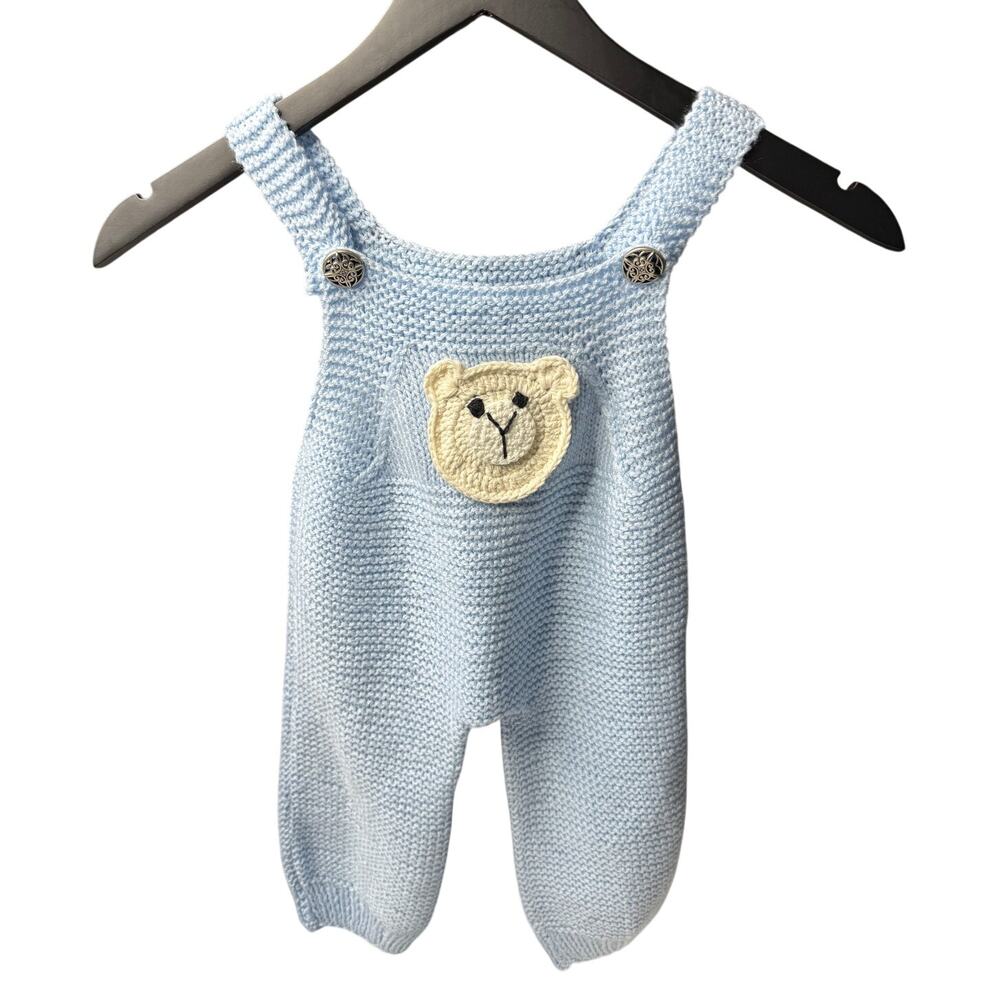 Handmade Baby Knit Overall Romper Teddy Bear Light Blue 3-6M